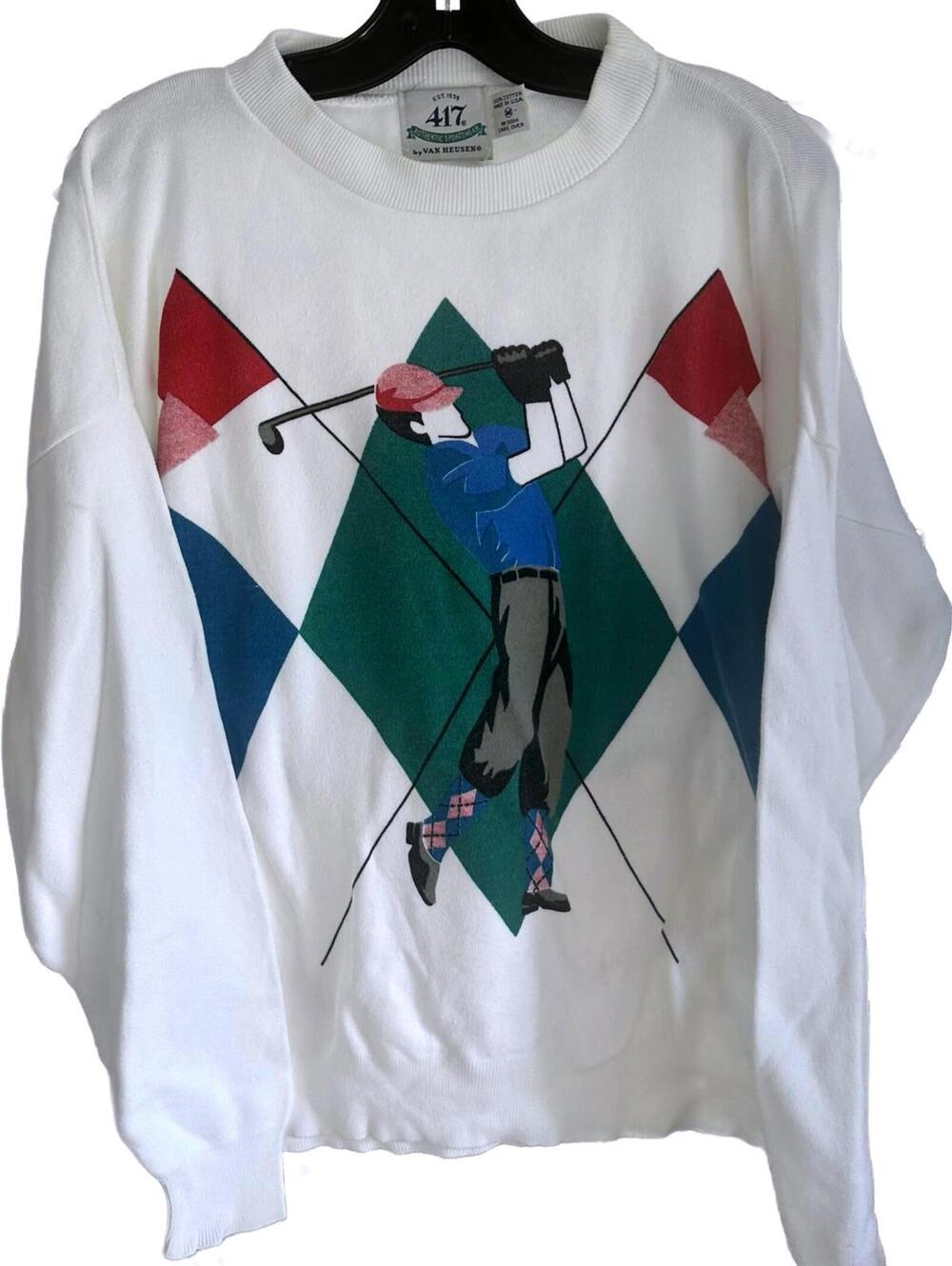 Vintage 417 Van Heusen Men's Golf White Colorful Golfer Sweater - Size Medium